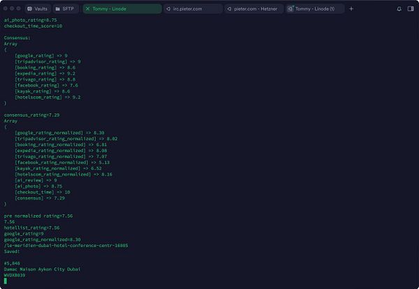 The image displays a terminal interface showing a script output related to hotel ratings.