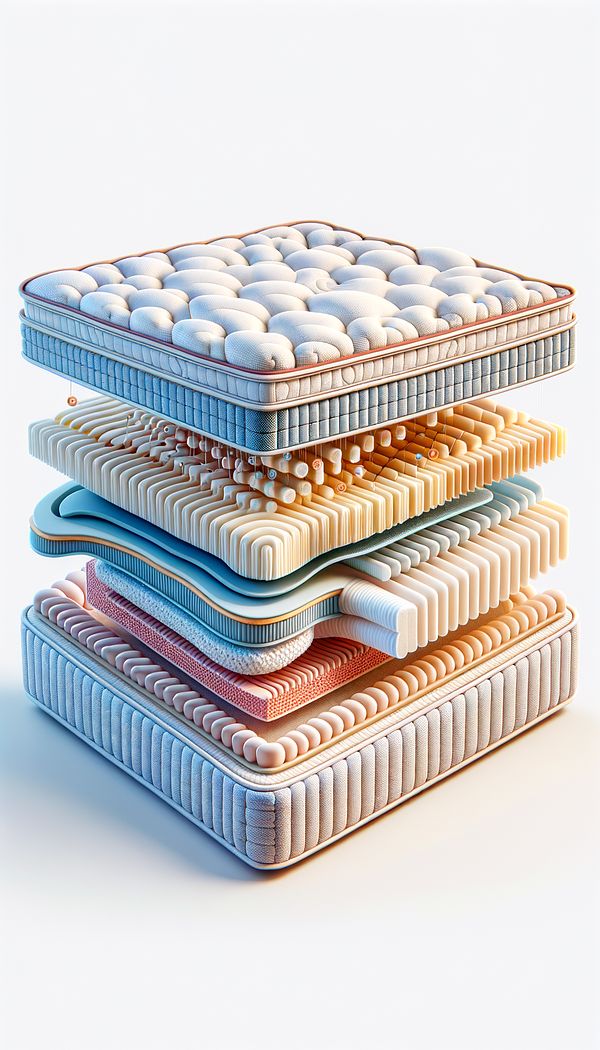 A cutaway illustration of a mattress showing the various layers, highlighting the comfort layers near the top.