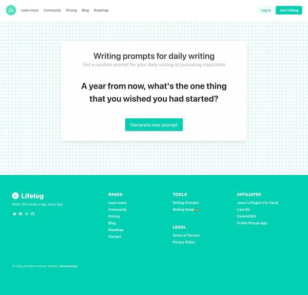 The image displays a webpage for Lifelog featuring a writing prompts section.