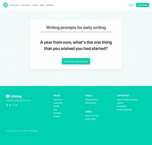 The image displays a webpage for Lifelog featuring a writing prompts section.