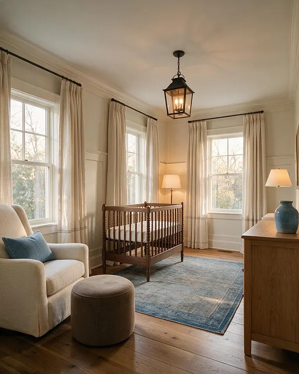 A serene transitional nursery with a wooden crib centered on a blue patterned rug, cream curtains framing tall windows, and a cozy upholstered armchair with a matching ottoman. A wood dresser, table lamp, and black lantern ceiling light complete the warm, classic space.