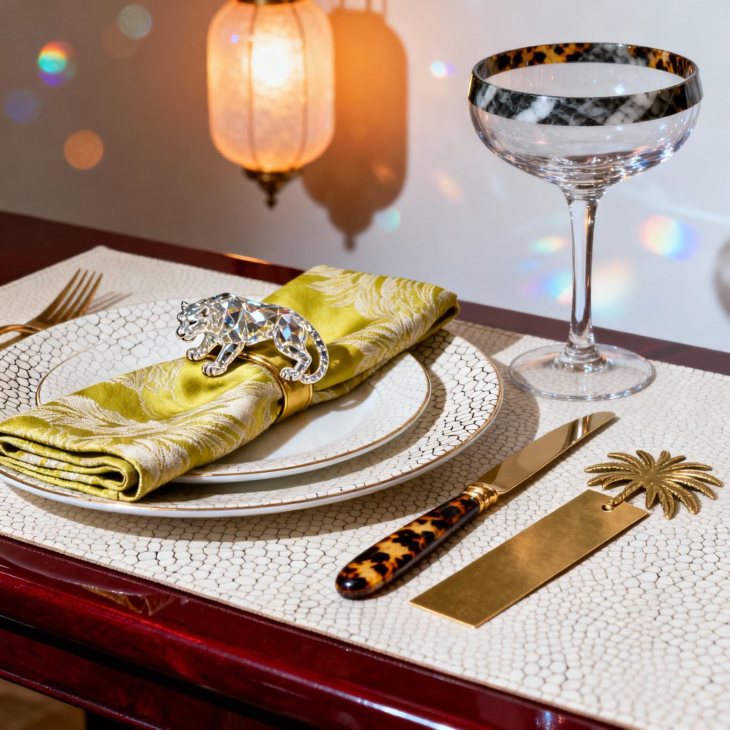 A Hollywood Regency table vignette shows gold-rimmed white china on a faux shagreen placemat, topped with a chartreuse jacquard napkin held by a small faceted crystal panther. A crystal coupe with a dark tortoiseshell-pattern rim stands to the right beside brass flatware and a palm-shaped place card holder on a glossy burgundy lacquer table. A warm lantern sconce in the background casts golden light and rainbow reflections on the wall.