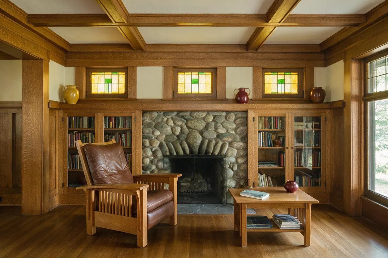 A Craftsman-style living room with rich wood paneling, a central river rock fireplace, built-in bookshelves, and stained glass transom windows. A leather armchair and simple wooden coffee table sit on the hardwood floor, with warm natural light coming through large side windows.