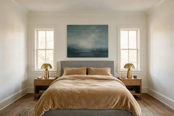 A serene master bedroom with a centered upholstered bed in gray and beige bedding, flanked by matching wood nightstands and brass dome table lamps. Two tall windows and a moody blue landscape painting create a balanced, airy focal wall.