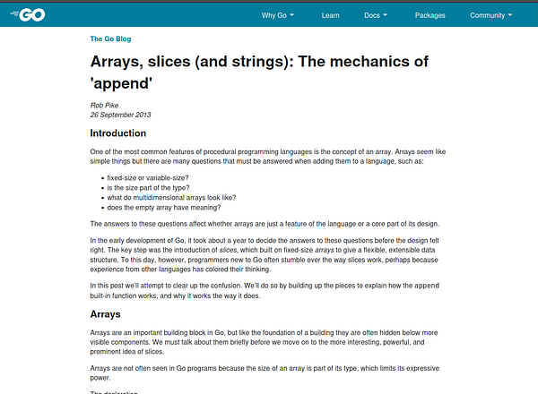 The image displays a blog post titled 'Arrays, slices (and strings): The mechanics of 'append'' from The Go Blog.