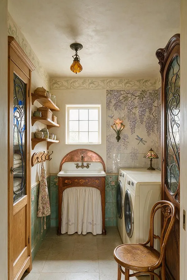 A narrow laundry room designed in Art Nouveau style, with curved wood cabinetry, decorative stained-glass doors, a vintage utility sink, and a cream washer and dryer. Floral wall murals, soft green tile wainscoting, and an amber pendant light create a warm, ornate atmosphere.