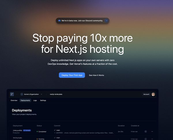 The image displays a promotional webpage for a hosting service focused on Next.js applications.