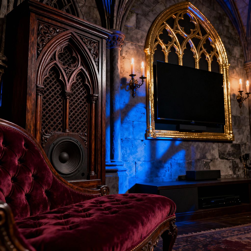 A Gothic-inspired media room with gray stone walls and ribbed arches features a flat-screen TV set within a gilded pointed-arch frame, flanked by candle-style sconces. In the foreground, a tufted burgundy velvet chaise and a tall carved wood speaker cabinet with lattice grille sit beside a low black media console, while blue accent lighting washes the stone for a dramatic, cinematic mood.