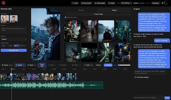 Screenshot of an AI video editor interface with a video timeline and editing controls.