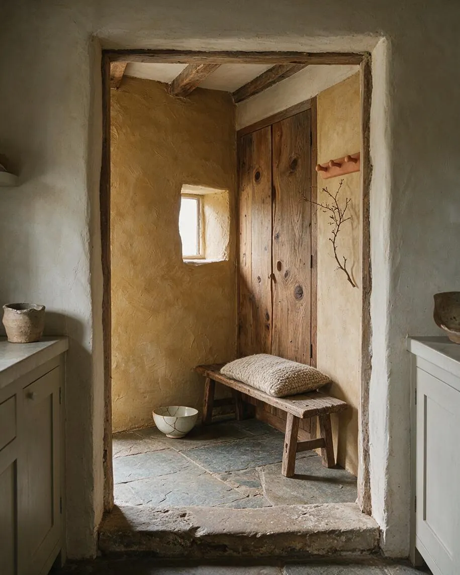 A rustic entryway with textured plaster walls, exposed wood ceiling beams, and a small square window bringing in soft light. A weathered wooden bench with a woven cushion sits against paneled wood doors, while a stone floor and simple ceramic bowls reinforce the calm, earthy Wabi-Sabi feel.