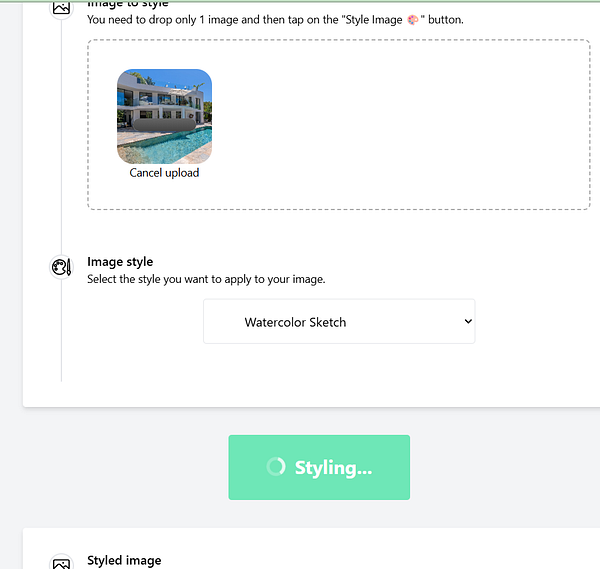The image displays a user interface for styling an uploaded image with a specific artistic effect.