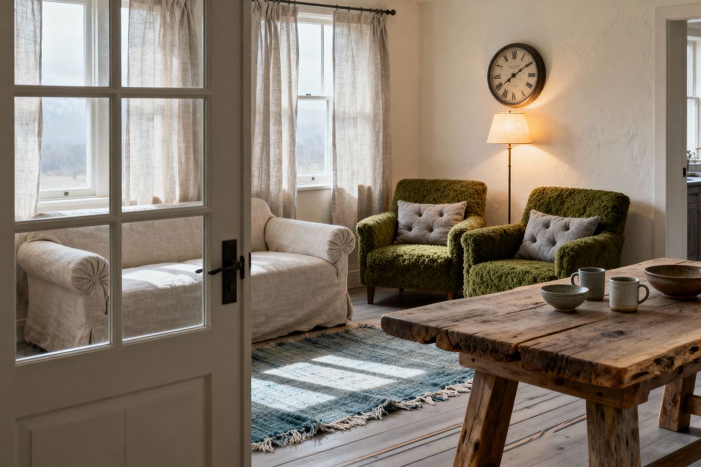 A cozy farmhouse living room seen through a white French door shows a beige linen roll-arm sofa beneath two windows with sheer linen curtains. Two moss-green bouclé armchairs with gray tufted pillows sit by a black iron floor lamp beneath a vintage round wall clock; a blue fringed rug lies on pale wood floors, and a chunky reclaimed-wood table in the foreground holds simple stoneware mugs and bowls, all set against warm white plaster walls and soft daylight.