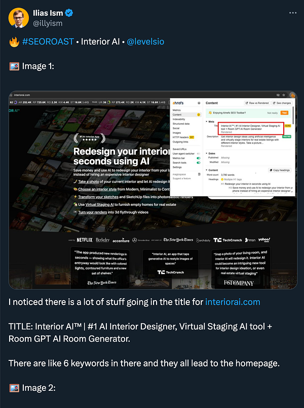 The image displays a webpage for an AI interior design tool alongside an SEO analysis interface.
