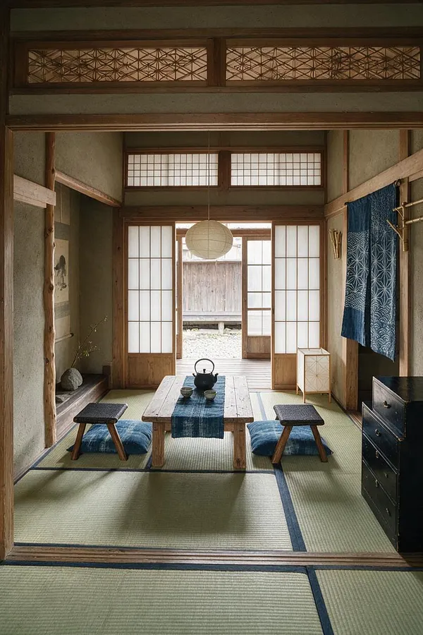 A traditional Japanese entryway with tatami mat flooring, sliding shoji doors, and exposed wood beams. A low wooden tea table with cushions and a paper lantern creates a calm, minimalist Zen atmosphere.