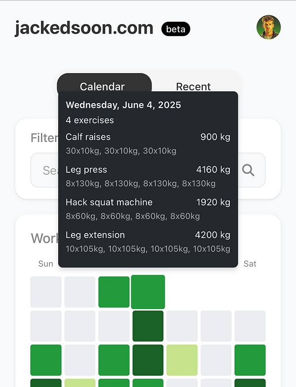 The image displays a workout log for leg exercises on a fitness tracking website.