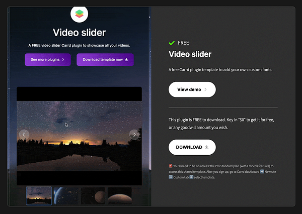 The image displays a promotional interface for a video slider plugin for Carrd, featuring a demo slider and download options.
