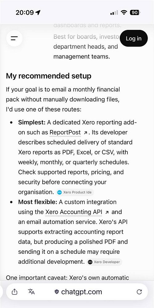 A mobile screenshot of a webpage from chatgpt.com detailing recommendations for automating monthly financial pack emails using Xero reporting tools and APIs.