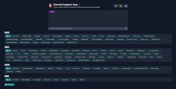 The image displays a user interface for a Canned Support App designed for customer support professionals.