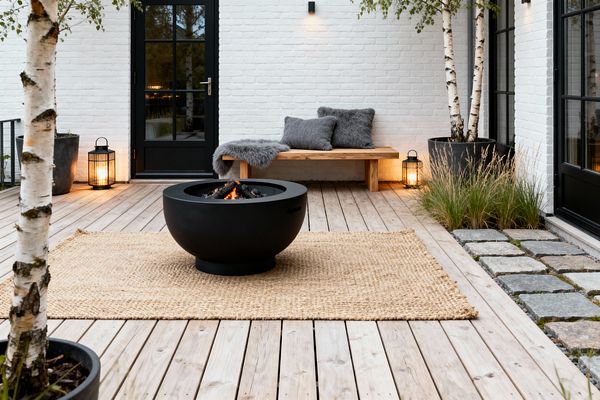 A Scandinavian-style patio features a light timber deck with a woven jute rug and a matte black round fire bowl centered on it. Against a white-painted brick wall sits a simple wood bench with gray faux-fur pillows; black-framed glass doors, metal lanterns with candles, and a small wall sconce cast warm light, while birch trees in black planters and tufted ornamental grasses line the edges.