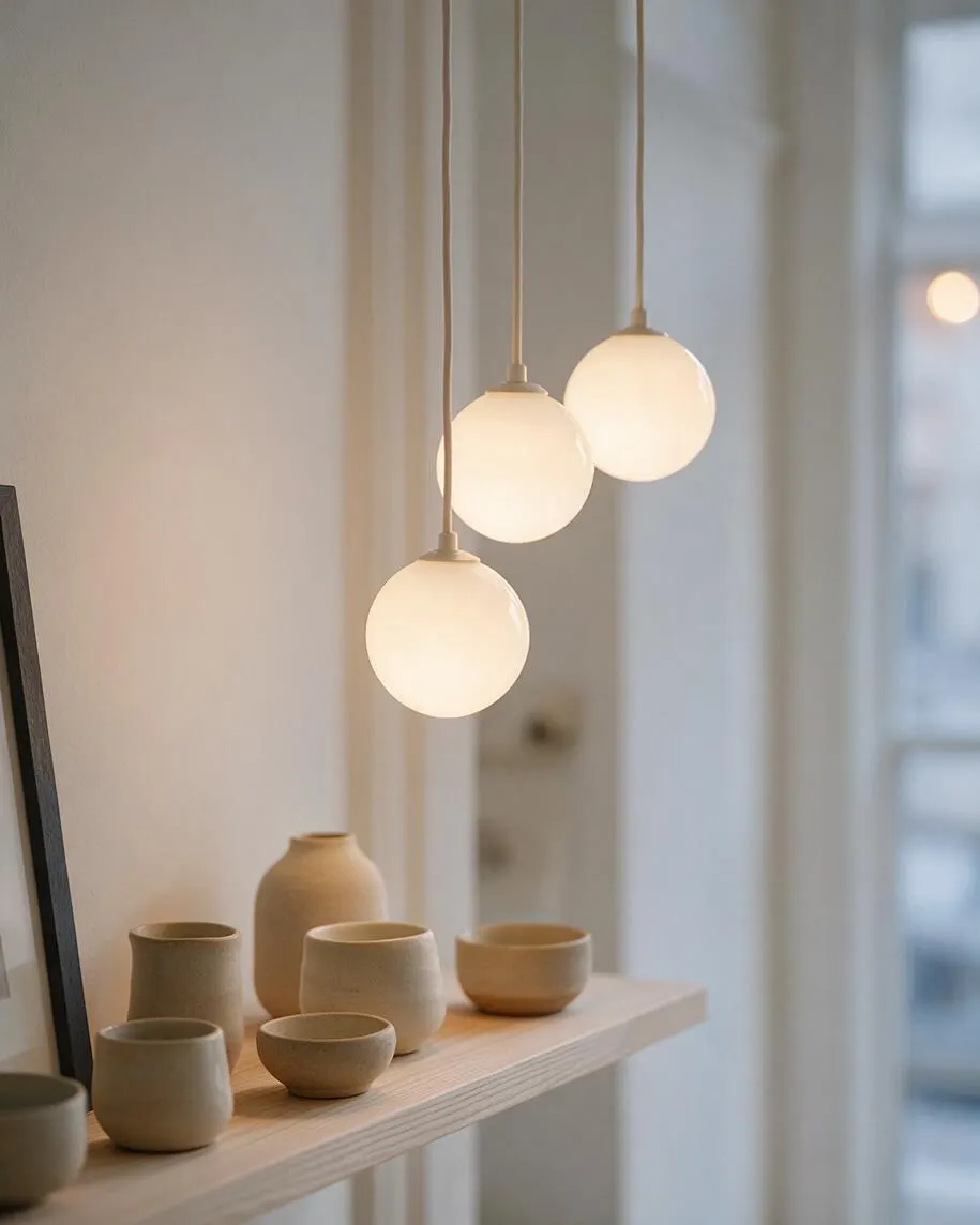 A Scandinavian-inspired interior detail with three frosted globe pendant lights hanging at staggered heights above a light wood shelf. Small matte ceramic vessels in beige and taupe tones sit beneath the lamps, creating a soft, minimal display near a bright window.
