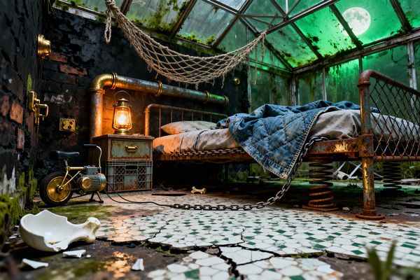 A bedroom built inside a decaying glass greenhouse glows green under moonlight. A rusted steel bed on exposed coil springs holds gray bedding with a blue quilt, secured by a heavy chain. A copper pipe headboard and a lit brass lantern sit beside a distressed metal nightstand on a crate. The floor is cracked white-and-green mosaic tile with broken ceramic pieces, rope netting hangs overhead, moss creeps on blackened brick, and a small gold pedal generator rests nearby.