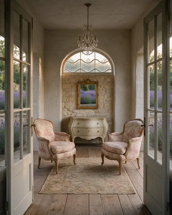 A narrow French Country style backyard sitting area with open glass doors, a crystal chandelier, two upholstered armchairs, a small curved dresser, and a gilded mirror on a stone wall. Natural light filters in from arched and side windows, with lavender visible outside and a worn patterned rug on wide wooden floorboards.