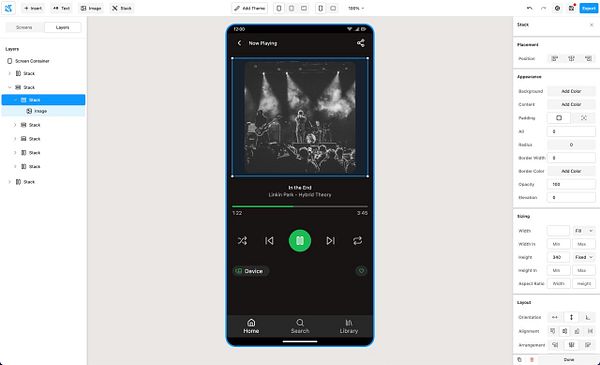 The image displays a design interface for a music player app featuring a song currently playing.