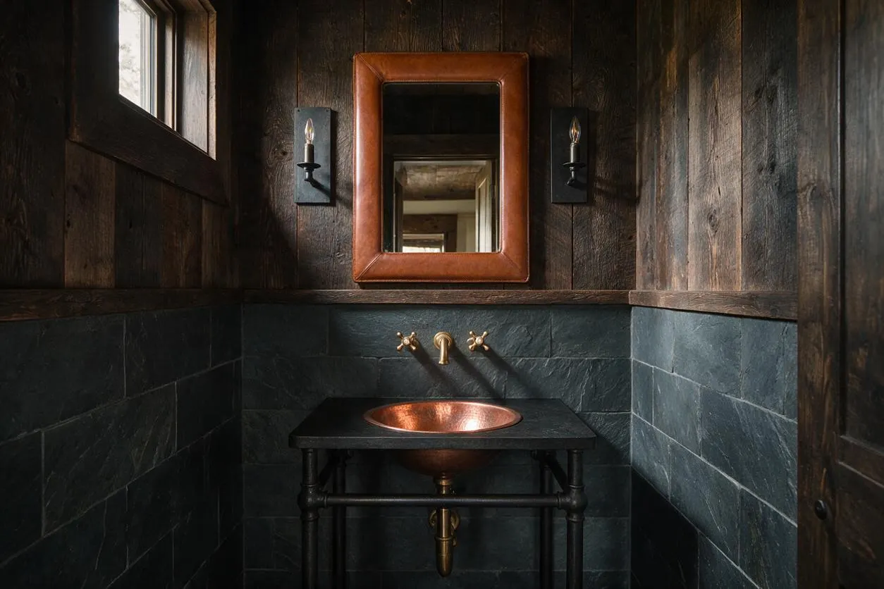 A compact powder room with dark wood plank walls, slate half-walls, and a centered copper-framed mirror above a copper vessel sink. Black wall sconces flank the mirror, and a slim dark console stand supports the sink, creating a warm, rustic, lodge-like feel.
