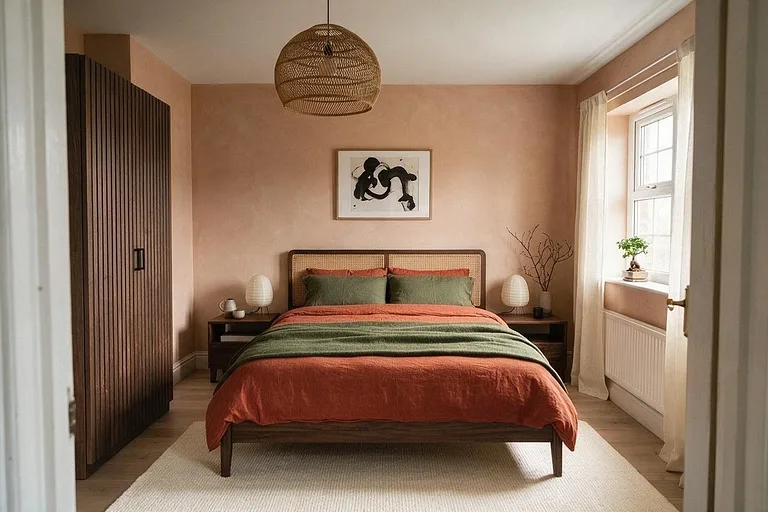 A Japandi bedroom in the Earthy Bedroom palette: warm clay, rust, olive, walnut, and cream