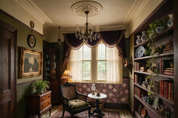 A richly decorated Victorian sunroom with a central window dressed in lace curtains and dark velvet drapes. The room includes a chandelier, ornate ceiling medallion, antique chair, round pedestal table, bookshelf wall, framed artwork, patterned wallpaper, and dark wood furniture.