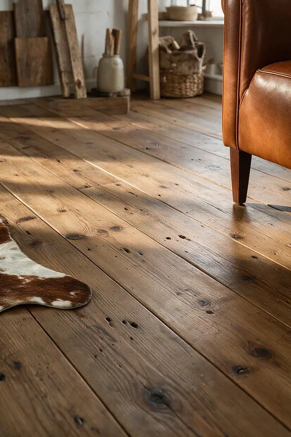 A rustic room with wide weathered wood floorboards in warm honey and brown tones. A tan leather chair sits at the right edge, while a cowhide rug, woven basket, and reclaimed wood pieces add texture in the softly lit background.
