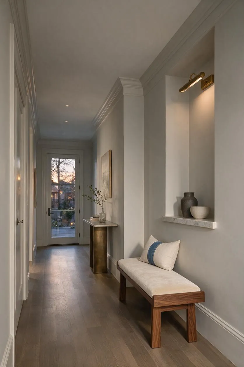 A narrow transitional entryway with light gray walls, white crown molding, and warm wood floors. A walnut bench with a cream cushion and blue accent pillow sits beneath a recessed wall niche, while a slim console table and brass picture light add warmth near the glass door at the end of the hall.
