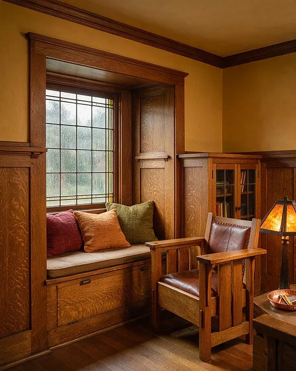 A cozy Craftsman-style kids' room with rich wood paneling, a built-in window seat under a leaded glass window, and colorful throw pillows. A wooden armchair with a leather seat sits beside a small lamp and cabinet, creating a warm, vintage-inspired reading nook.