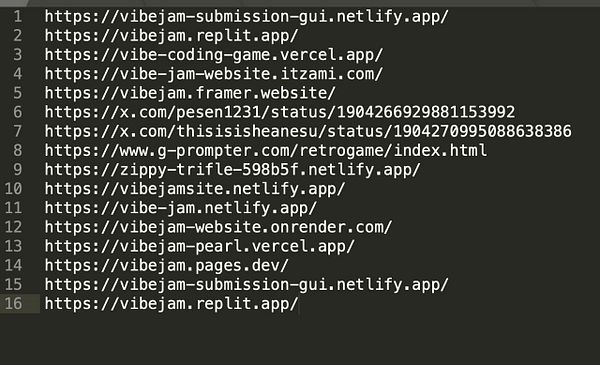 A list of URLs related to various 'vibejam' websites is displayed in a code editor interface.