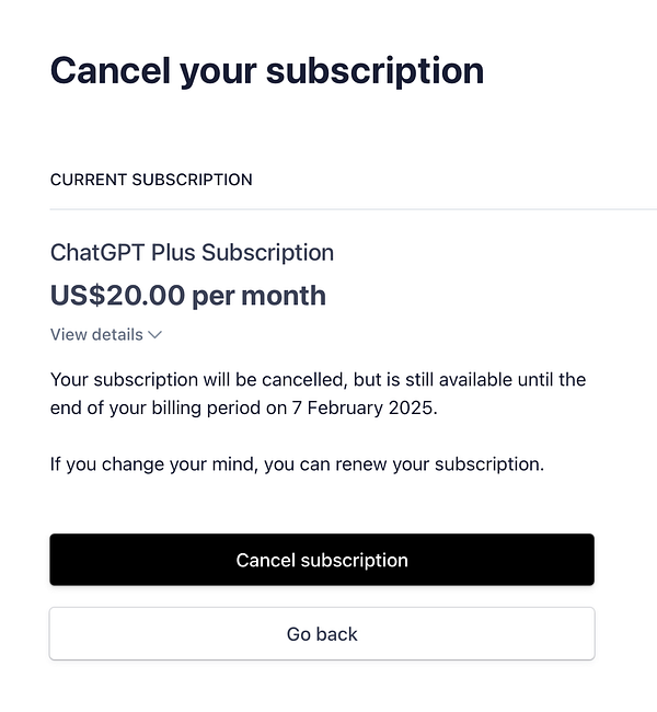 The image displays a subscription cancellation interface for ChatGPT Plus.