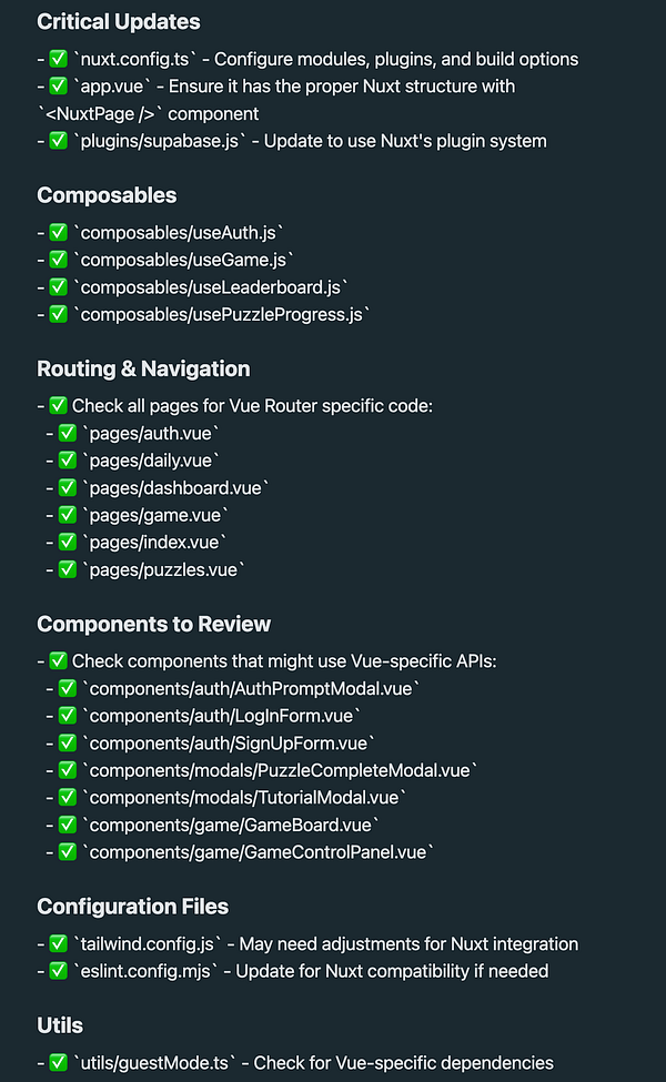 A checklist for updating a project to Nuxt, detailing critical updates, composables, routing, components, configuration files, and utilities.
