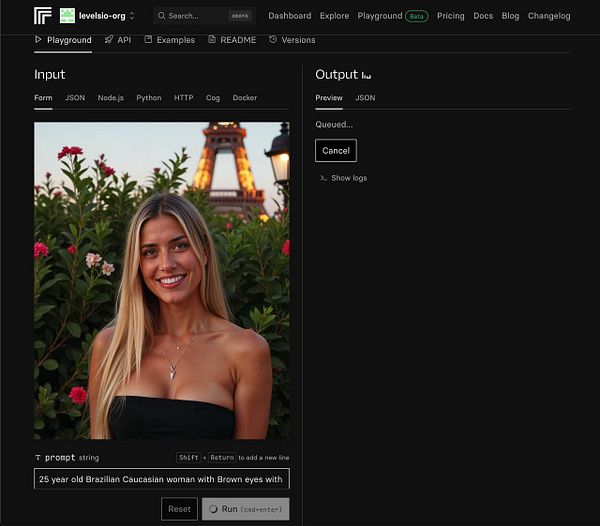A woman poses in front of a floral backdrop with the Eiffel Tower in the background, while a user interface for a character generator is displayed.