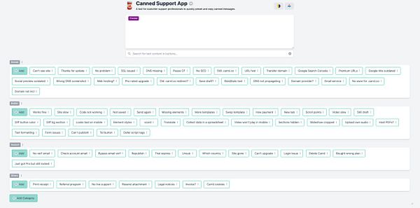 The image displays a user interface for the Canned Support App, featuring various preset messages organized by categories for tech support tasks.