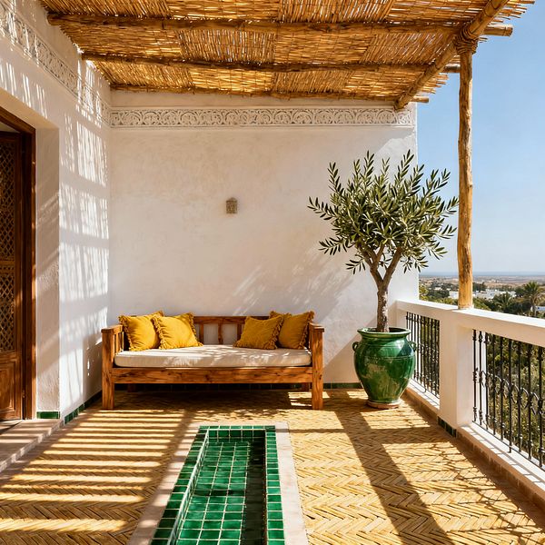 A Moroccan-style terrace features a reed pergola casting striped shadows over a herringbone terracotta floor. A solid-wood daybed with a cream cushion and mustard pillows rests against white plaster walls with a carved frieze and a small wall sconce. A narrow emerald-green tiled water channel runs along the paving. A large green glazed planter holds an olive tree beside a black wrought-iron railing that overlooks the distant landscape.