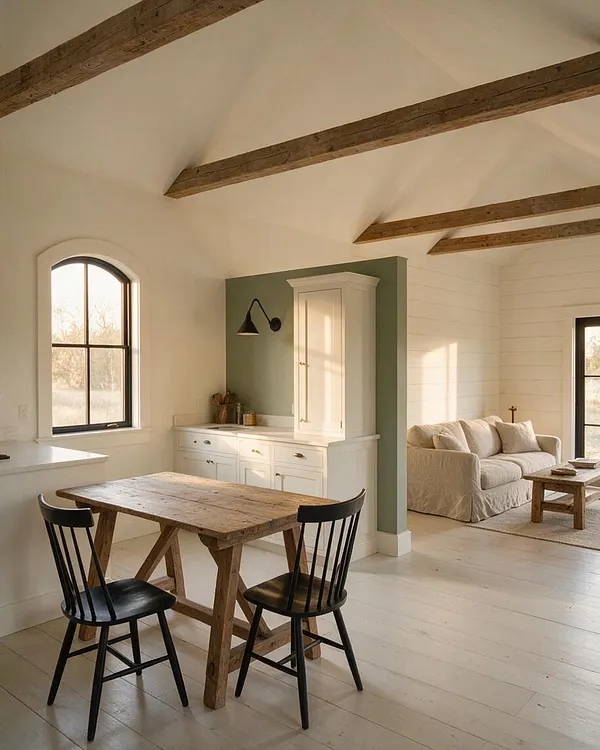 A bright studio apartment in farmhouse style with white painted plank floors, exposed wood ceiling beams, and soft neutral walls. A rustic wood dining table with black spindle chairs sits in the foreground, while a built-in white cabinet and a muted green accent wall add character beside a cozy beige sofa.