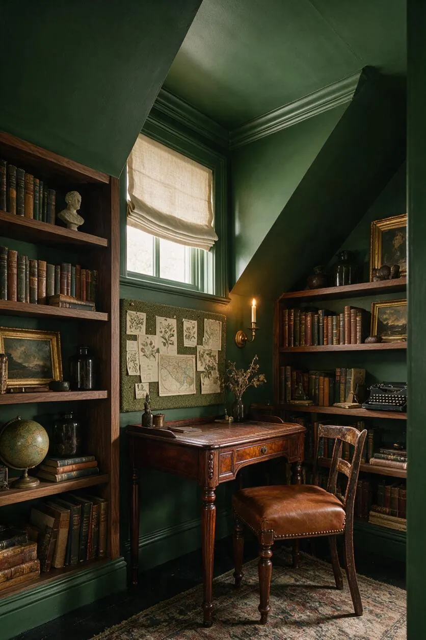 A moody home office with deep emerald green walls, built-in wooden bookshelves filled with old books, and a small antique writing desk centered beneath a window with a linen Roman shade. A leather chair, vintage globe, framed artwork, and candle-style sconce complete the scholarly, old-world atmosphere.