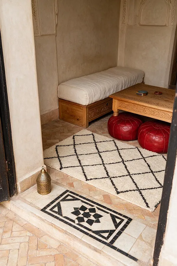 A small Moroccan-style front porch with cream plaster walls, a cushioned wooden bench, and a carved wooden coffee table. Red leather poufs, a black-and-cream diamond rug, and a decorative mosaic tile inset add warmth and authentic craftsmanship.