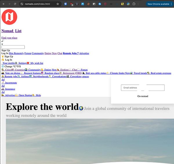 The image displays a webpage from Nomad List featuring a community for remote workers.
