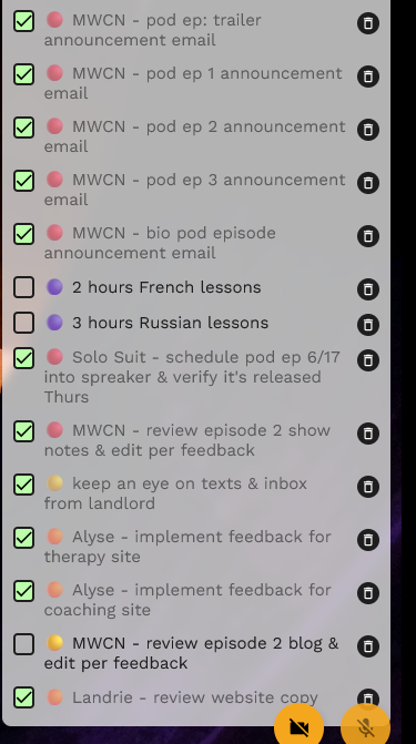 A task list displaying completed and pending items with color-coded priorities.