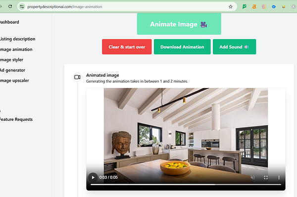 The image displays a user interface for generating animated images of a modern kitchen.