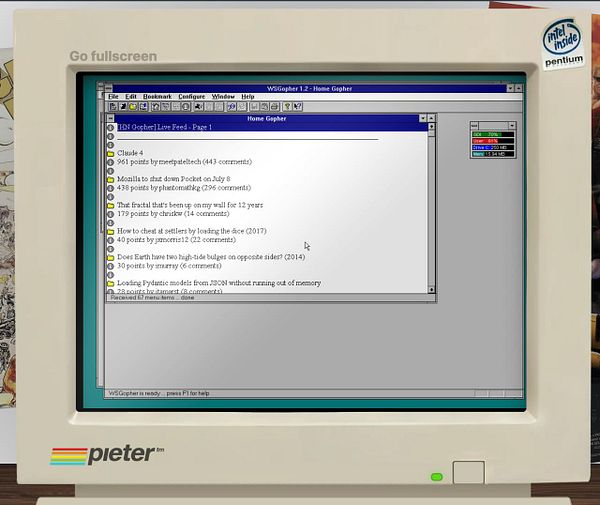 An old computer screen displays a retro interface with a list of discussion topics and comments.