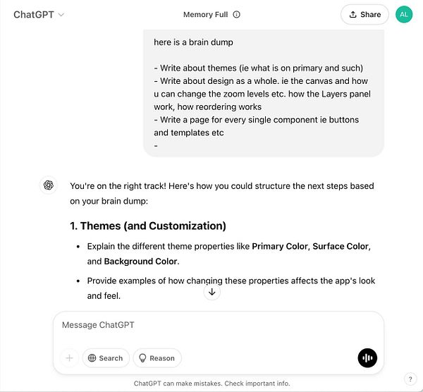 The image displays a screenshot of a ChatGPT interface with a brainstorming session and structured documentation suggestions.