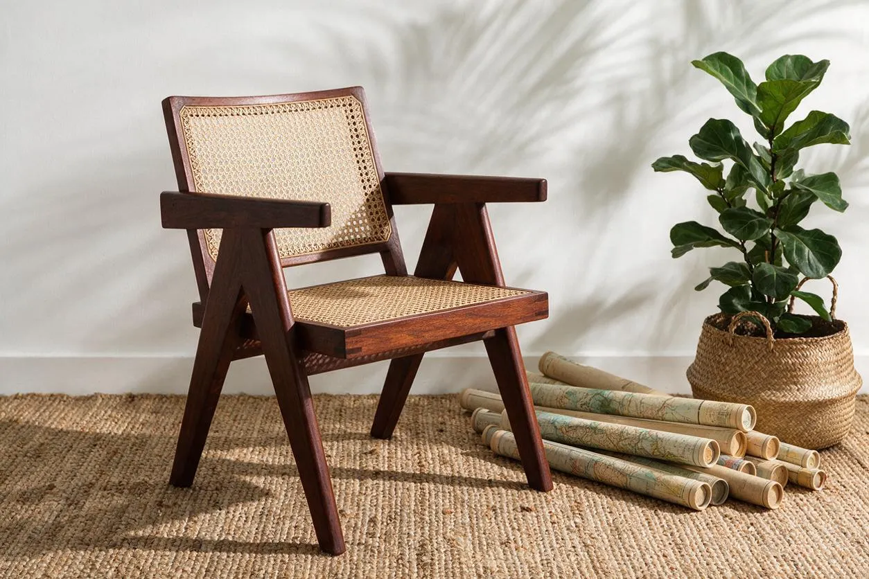 A tropical-style accent chair with a dark stained wooden frame and woven cane seat and back sits on a natural jute rug. Beside it are rolled maps or bamboo tubes and a leafy potted plant in a woven basket, against a clean white wall with soft plant shadows.