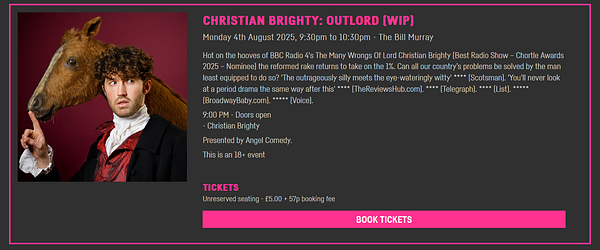 A promotional poster for a comedy show featuring Christian Brighty, showcasing a unique image and event details.