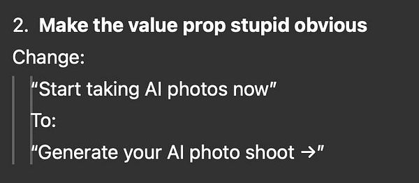 The image presents a task focused on improving a value proposition for AI photo services.